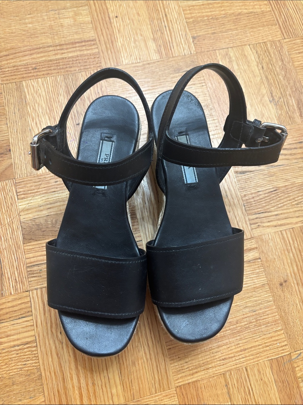 Prada Black Leather Platform Sandals with Ankle Strap